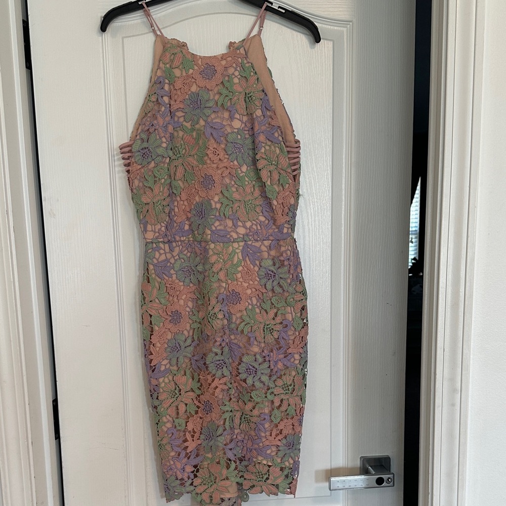 Gianni Bini Pastel Floral Lace Midi Dress in Pink, Lavender & Sage